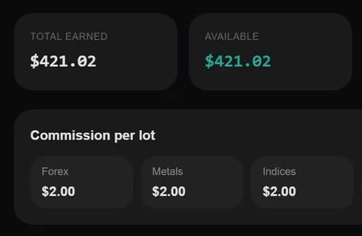IB earnings and commission per lot in the trader app, sample data