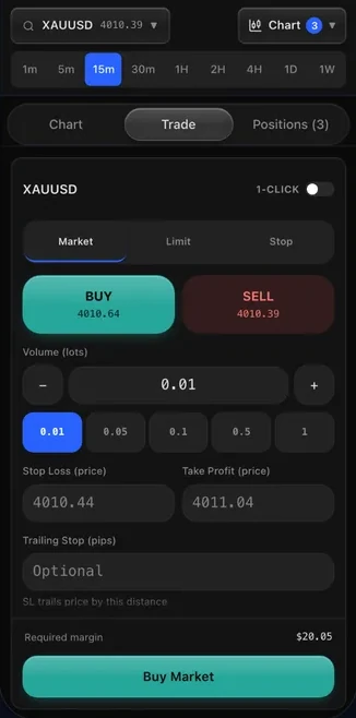 Order ticket in the Your Brand phone app, sample market data