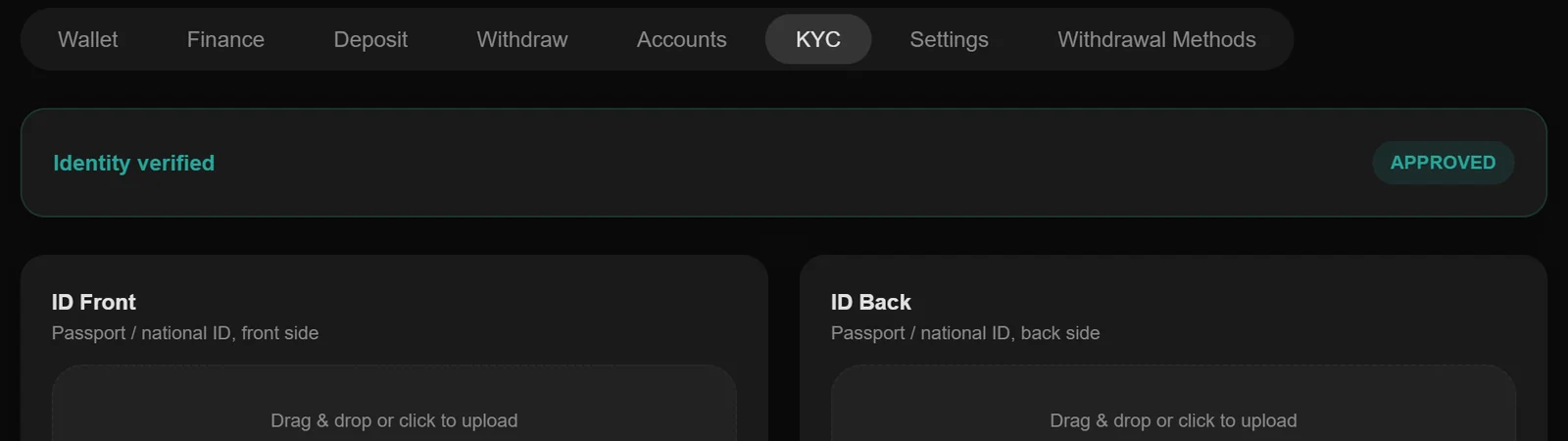 Identity verification in the trader app: approved, with ID front and back uploads, sample data
