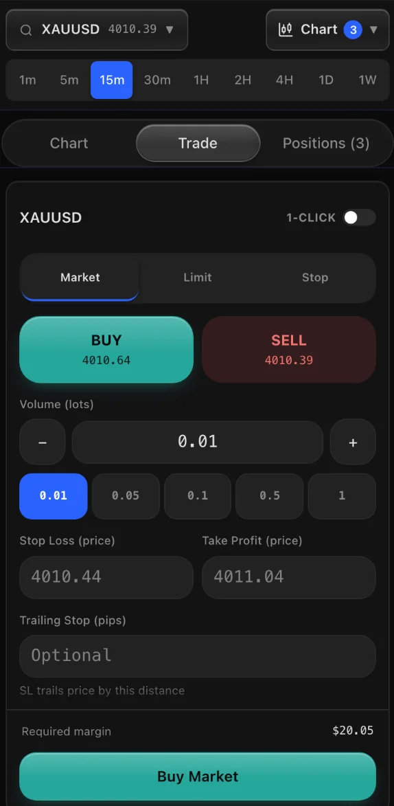 The order ticket in the Your Brand phone app, sample market data